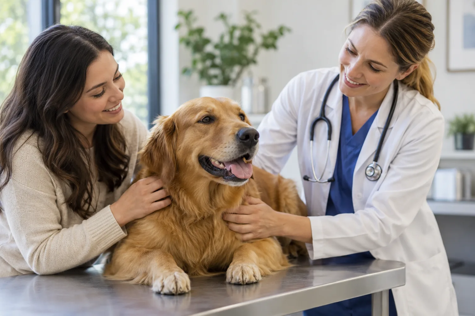 Veterinarian examining a golden-colored dog with its owner nearby