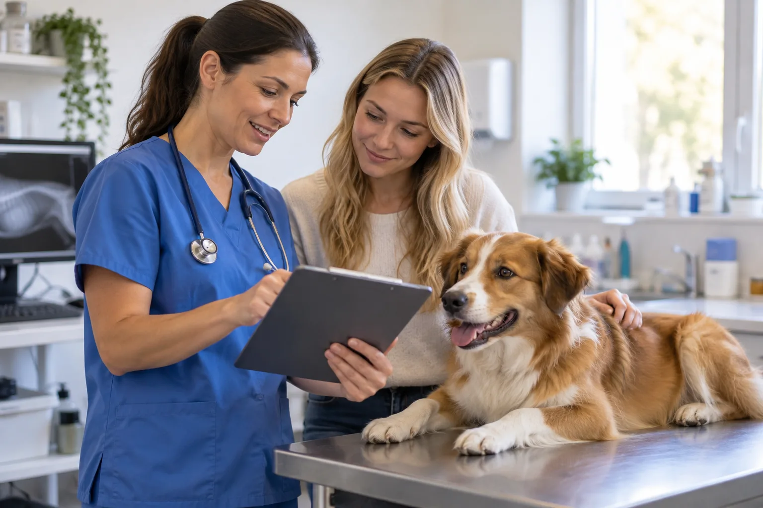 Veterinary professional reviewing information with an owner and dog